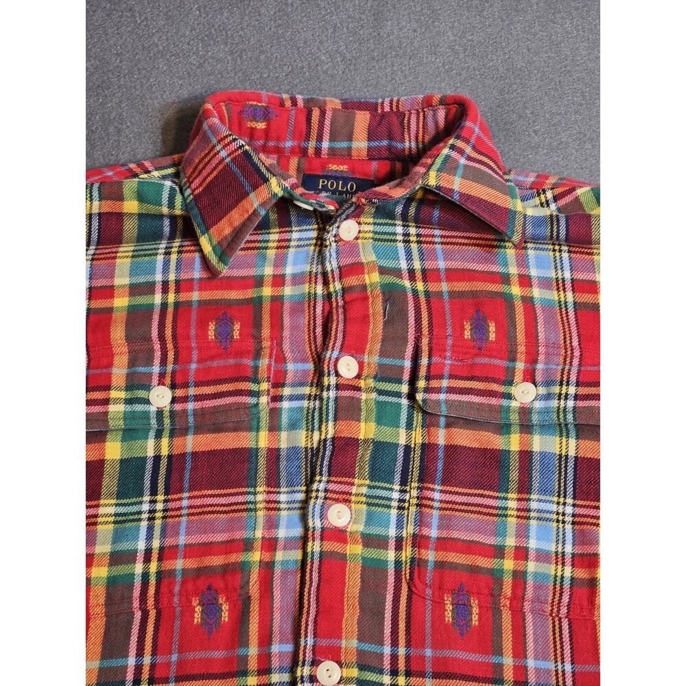 POLO Ralph Lauren Shirt Mens Small Red Plaid Southwest Aztec Patchwork Embroider - Picture 2 of 7